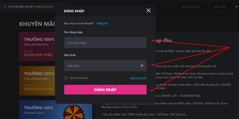 Người chơi cần thực hiện thao tác đăng nhập tài khoản vào Nbet